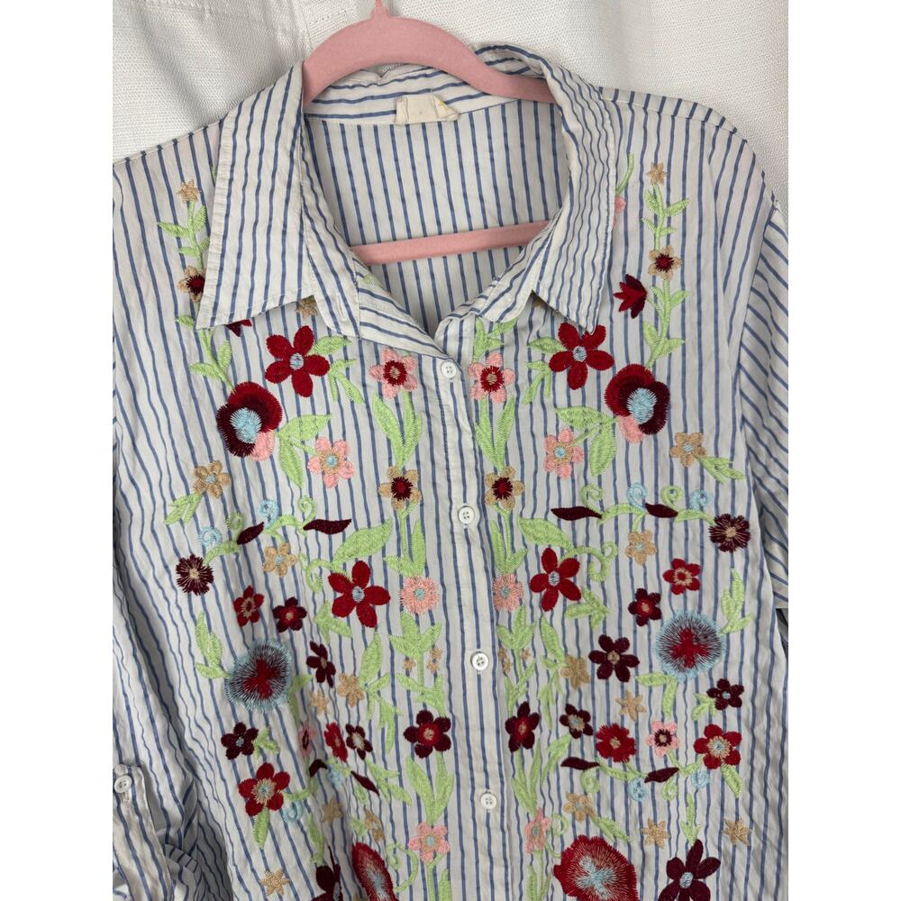 Layerz Embroidered Floral Stripe Shirt Dress Cottagecore Boho Oversized - Picture 2 of 7